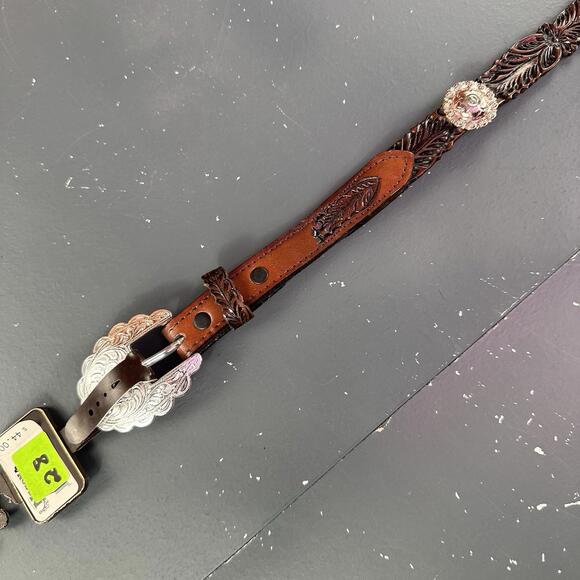 Nocona Belt Youth Girl 26 Tan Leather Tooled Floral Conch Ribbon Fits 25-29" NWT - Picture 2 of 7
